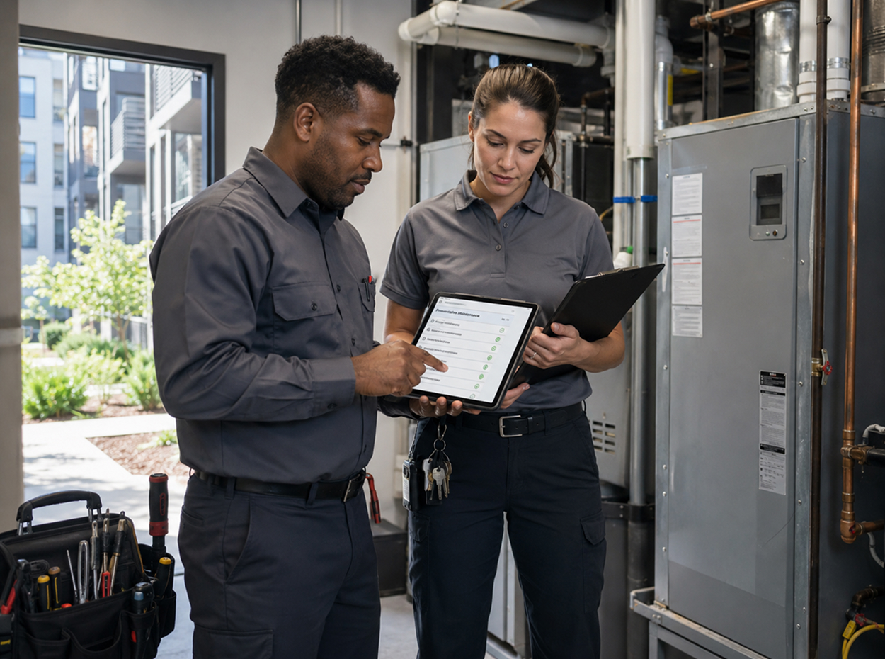 Centralized leasing operations image showing two people dscussing work
